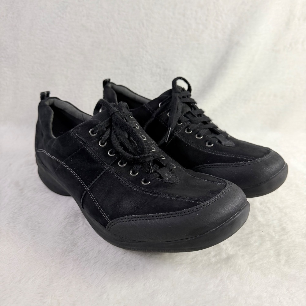 Clarks Cushion Soft Shoes Womens 10 Black Nubuck Leather Walking Sneakers
